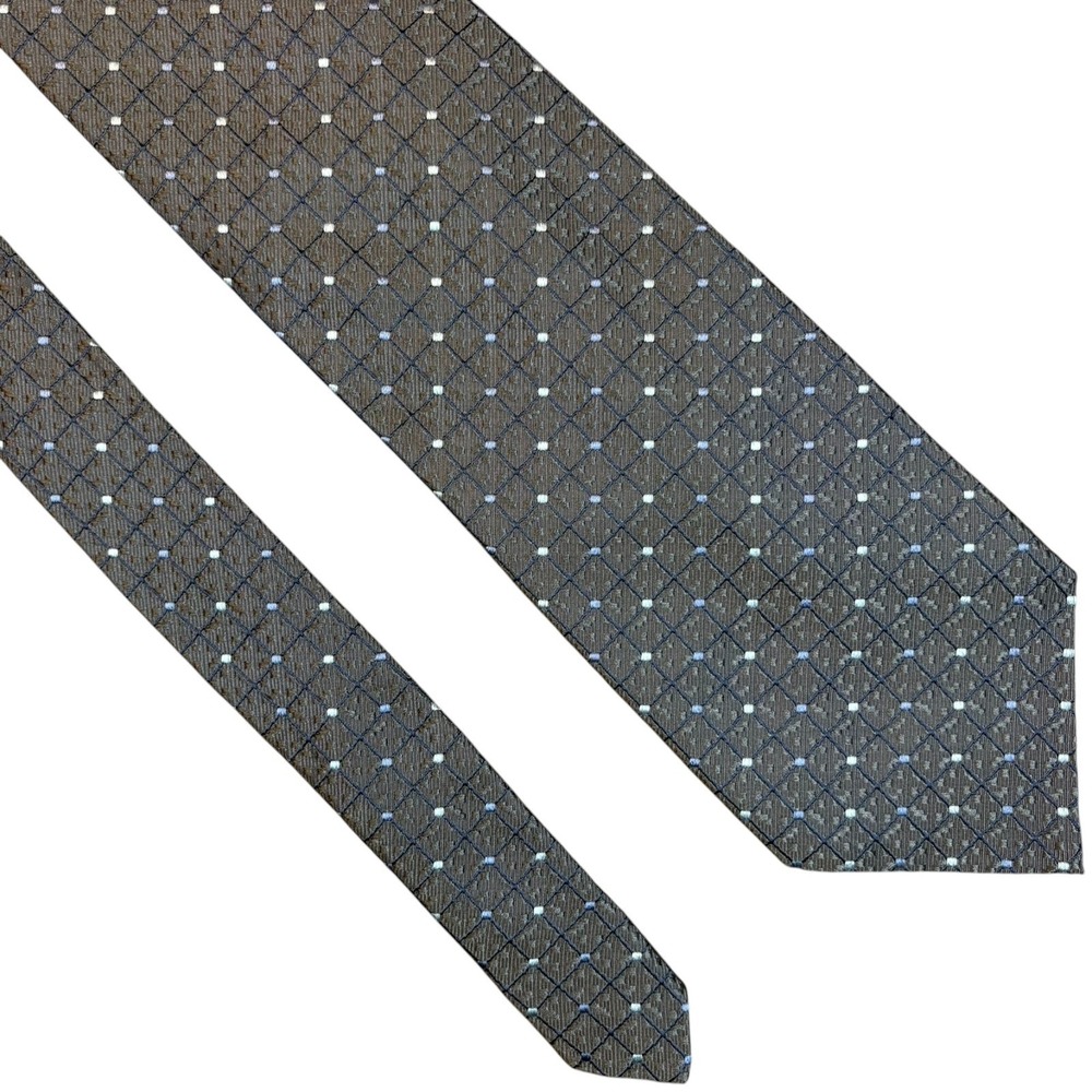 Ermenegildo Zegna Silk Tie Mens Gray Blue Grid Micro Dot Italy Necktie 59x3.75"